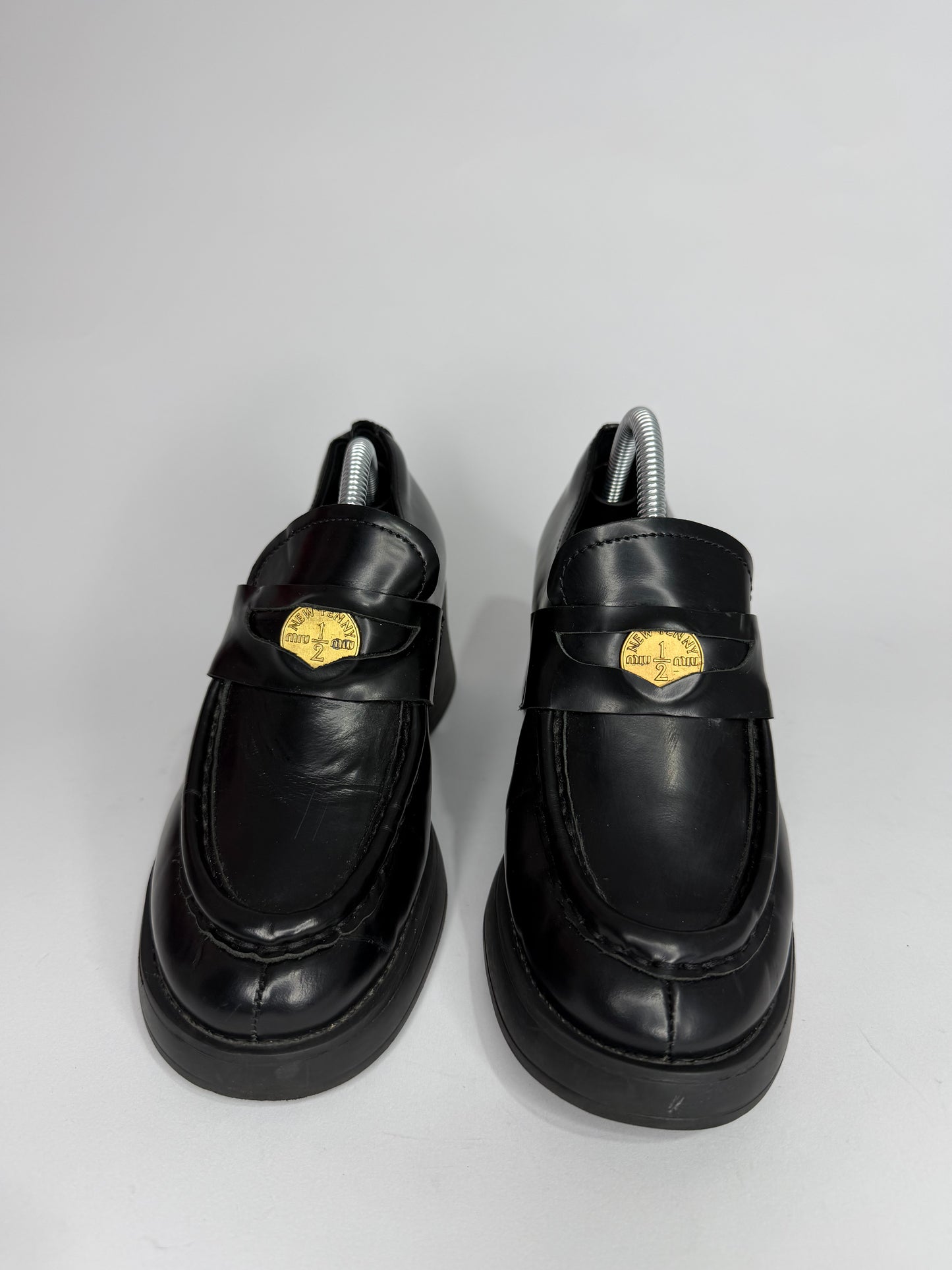 Miu Miu Black Leather Gold Penny Heel Loafers Size 36 EU/ 6 US / 3 UK