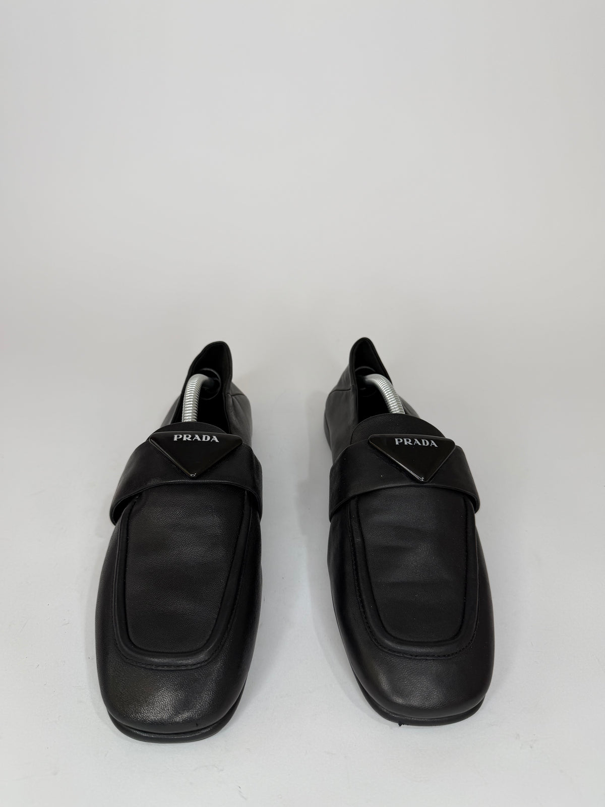 Prada Black Leather Triangle Logo Strap Loafers Made in Italy EU 37/ 7 US