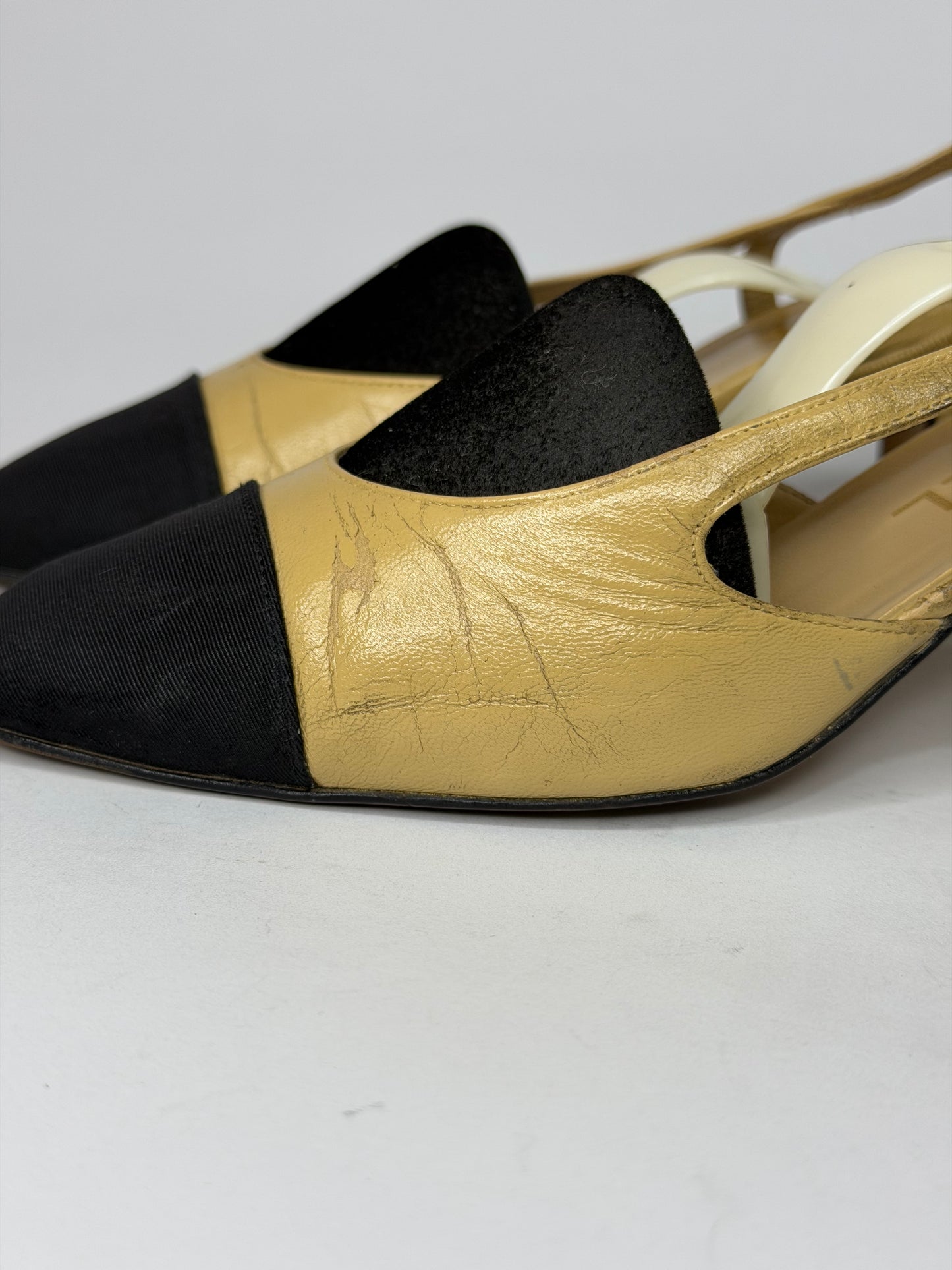 Chanel Beige/Black Leather and Canvas CC Slingback Pumps Size 36.5 EU/6.5 US