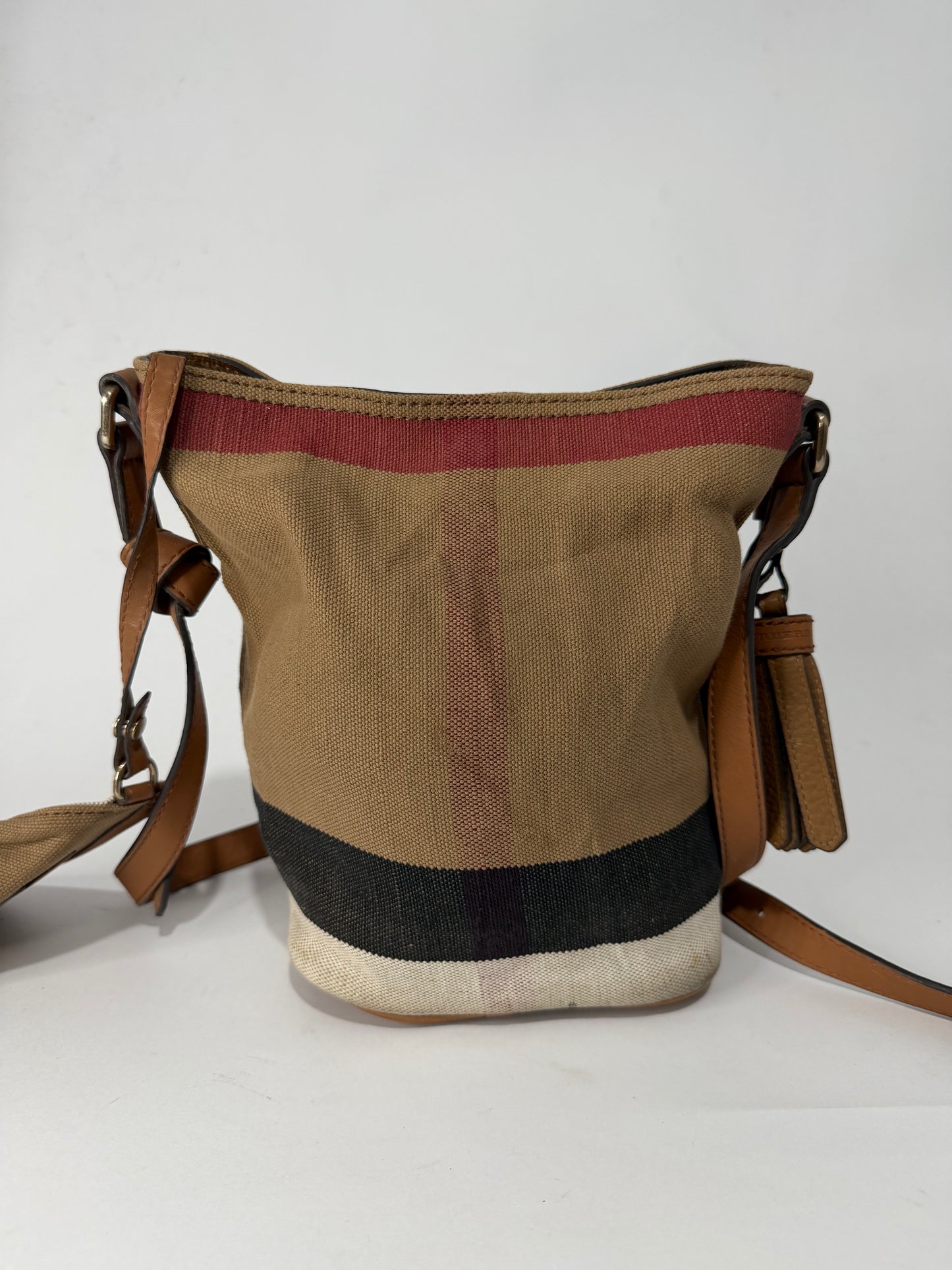 BURBERRY Canvas Mega Check Mini Ashby Tassel Crossbody Brown