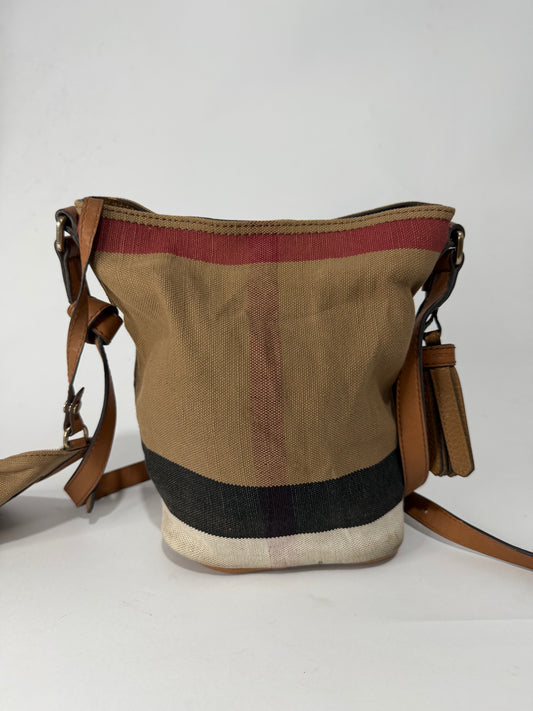 BURBERRY Canvas Mega Check Mini Ashby Tassel Crossbody Brown