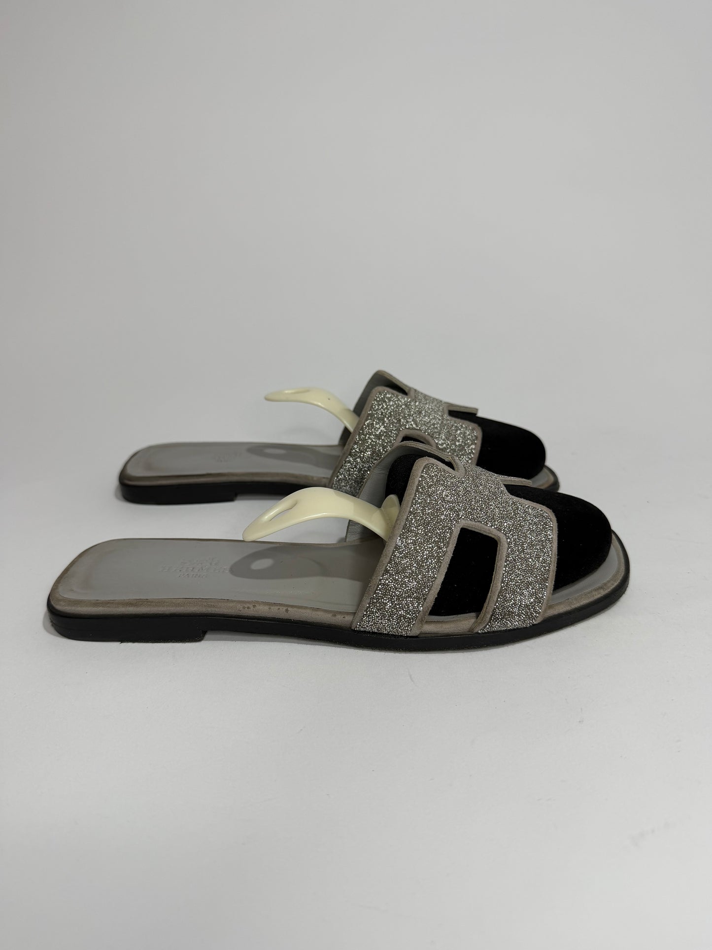 Hermes Silver Suede and Glitter Opne Toe Flat Oran Slides Size 39 EU/ 9 US