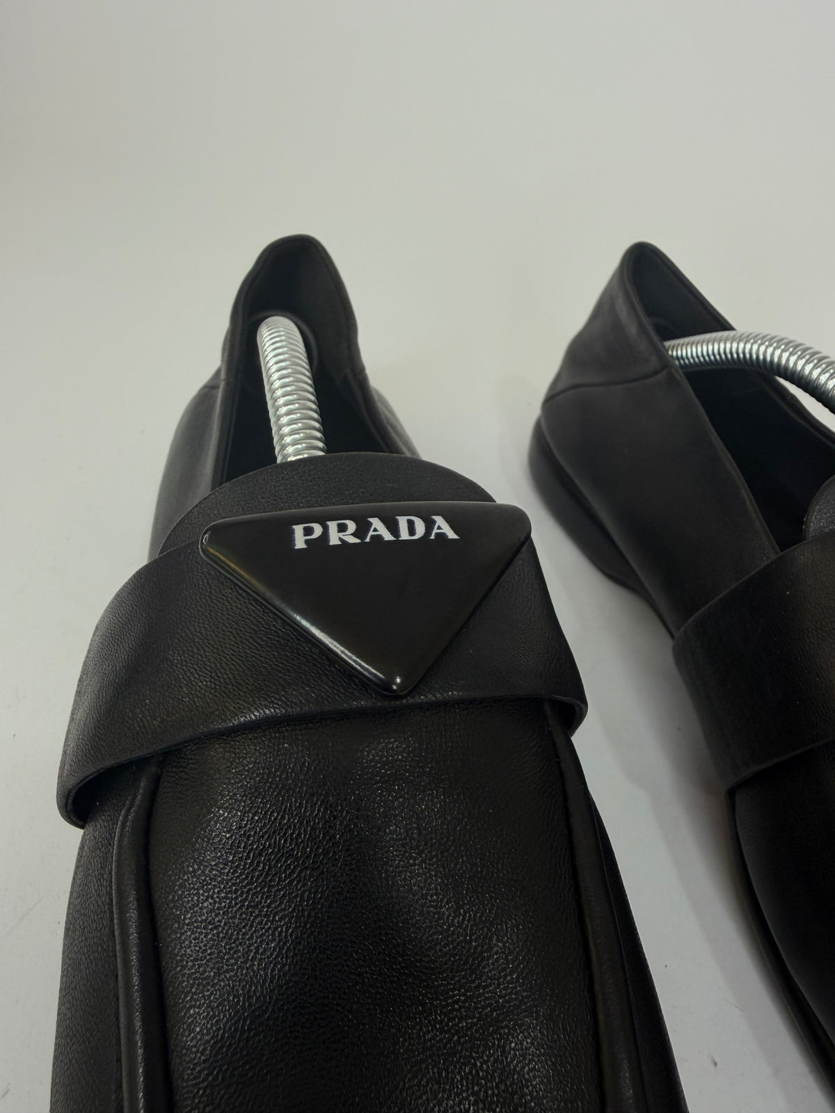 Prada Black Leather Triangle Logo Strap Loafers Made in Italy EU 37/ 7 US
