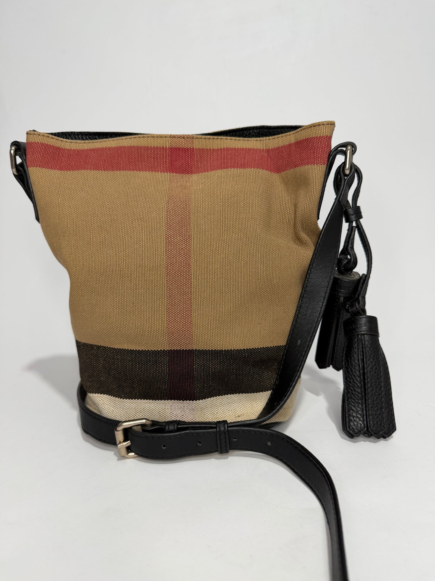 BURBERRY Canvas Mega Check Mini Ashby Tassel Crossbody Burgundy Red