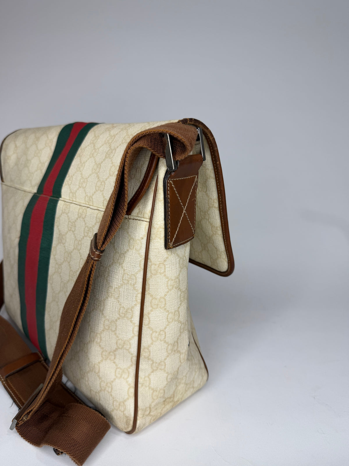 Gucci Vintage GG Supreme Beige Monogram Web Stripe Messenger Shoulder Bag
