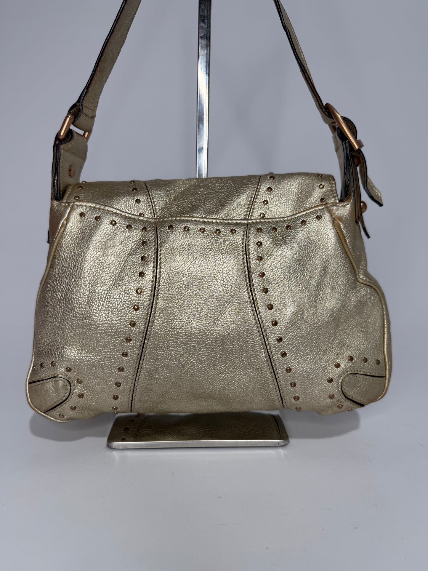 GUCCI X Tom Ford
Metallic Calfskin Horsebit Chain Studded Flap Shoulder Bag Gold