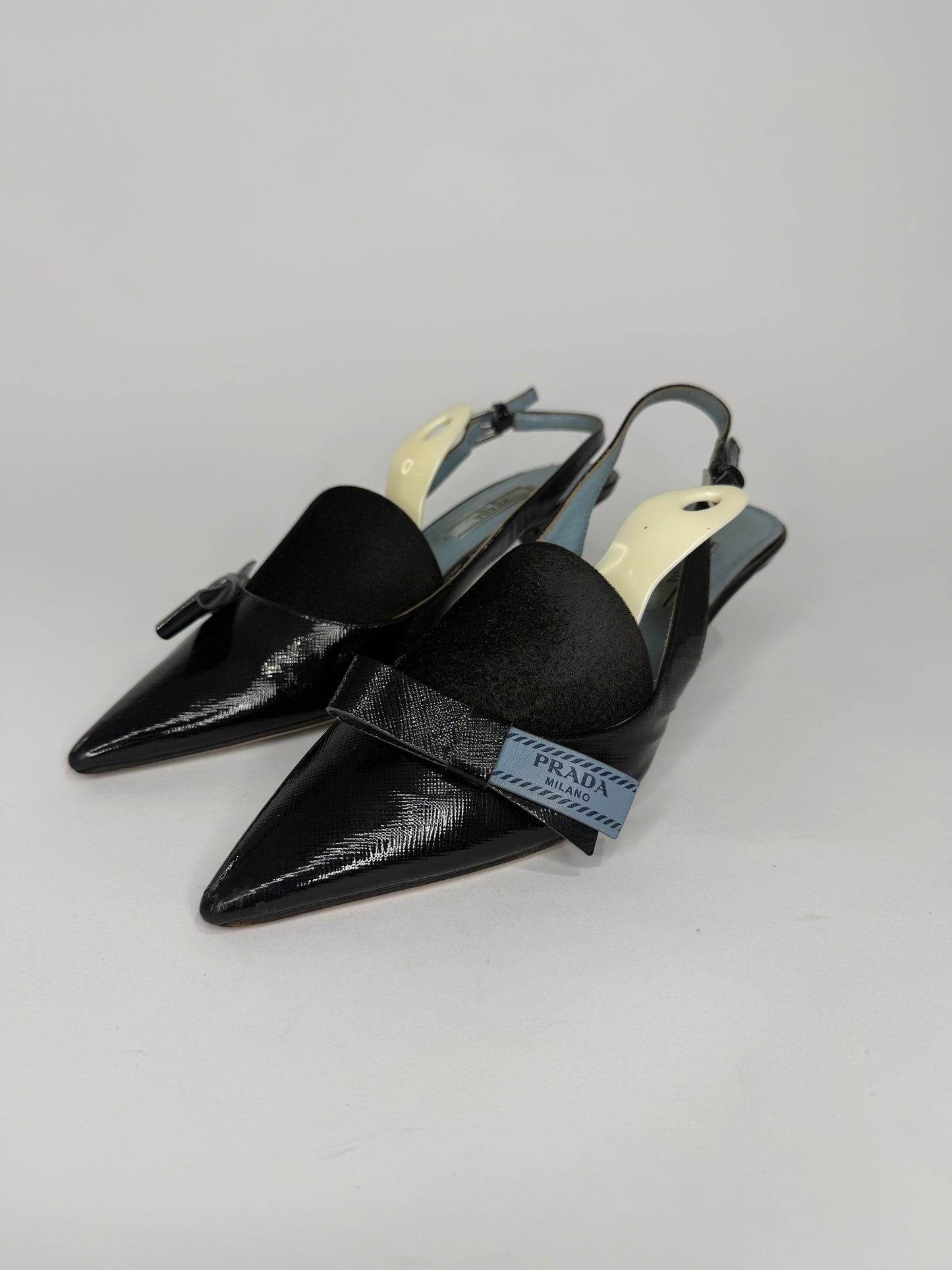 Prada Black Leather Bow Slingback Sandals Size 37.5 EU/ 7.5 US / 4.5 UK