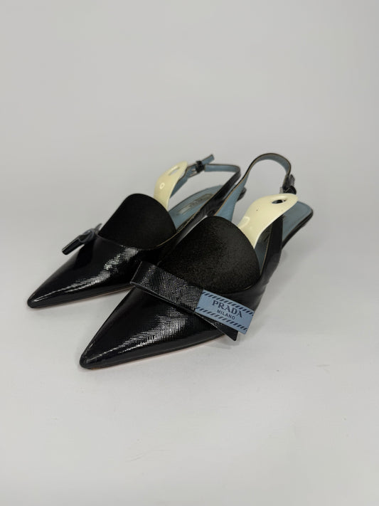 Prada Black Leather Bow Slingback Sandals Size 37.5 EU/ 7.5 US / 4.5 UK