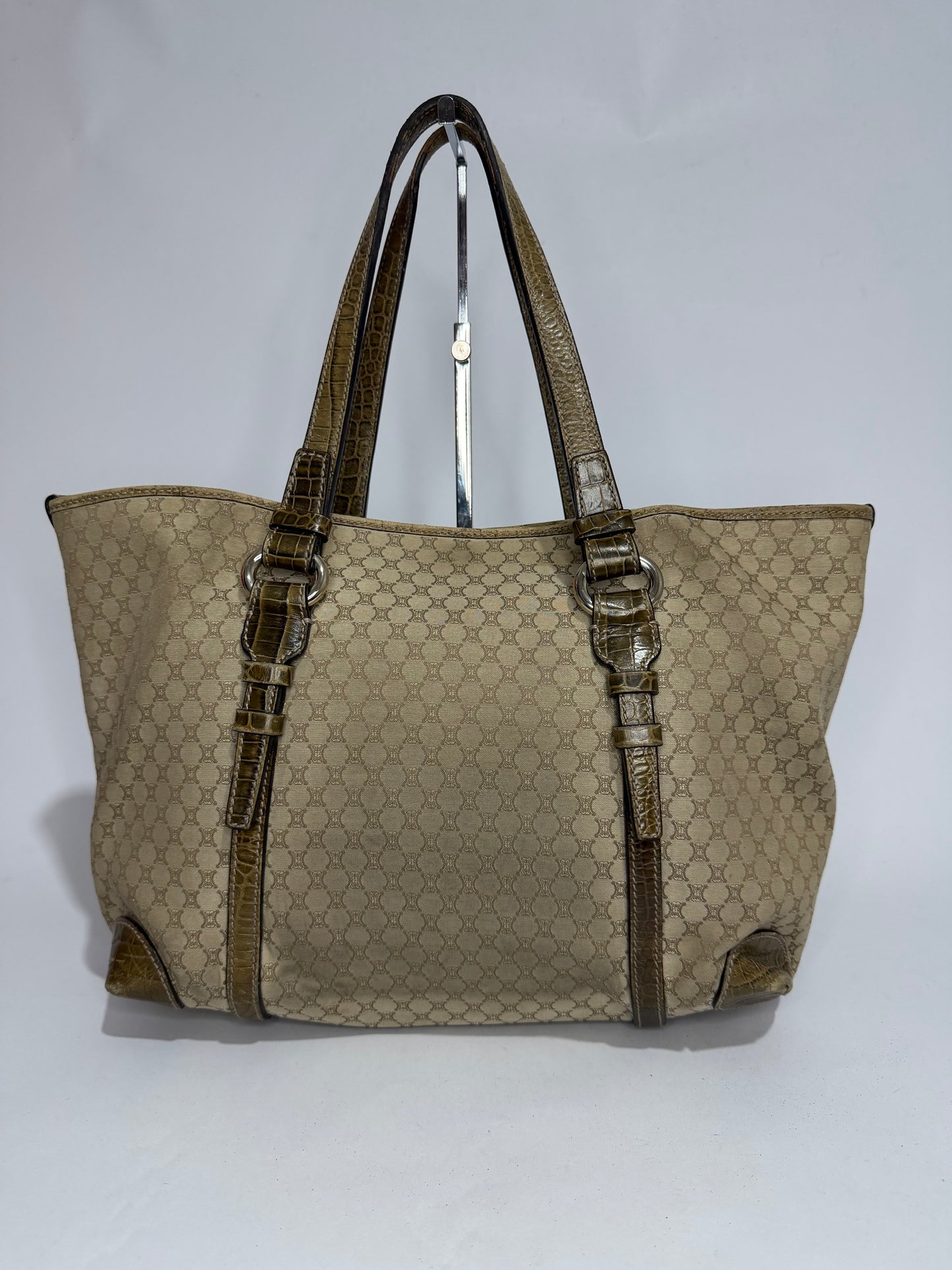 Celine Beige/Brown Macadam Canvas And Croc Embossed Tote