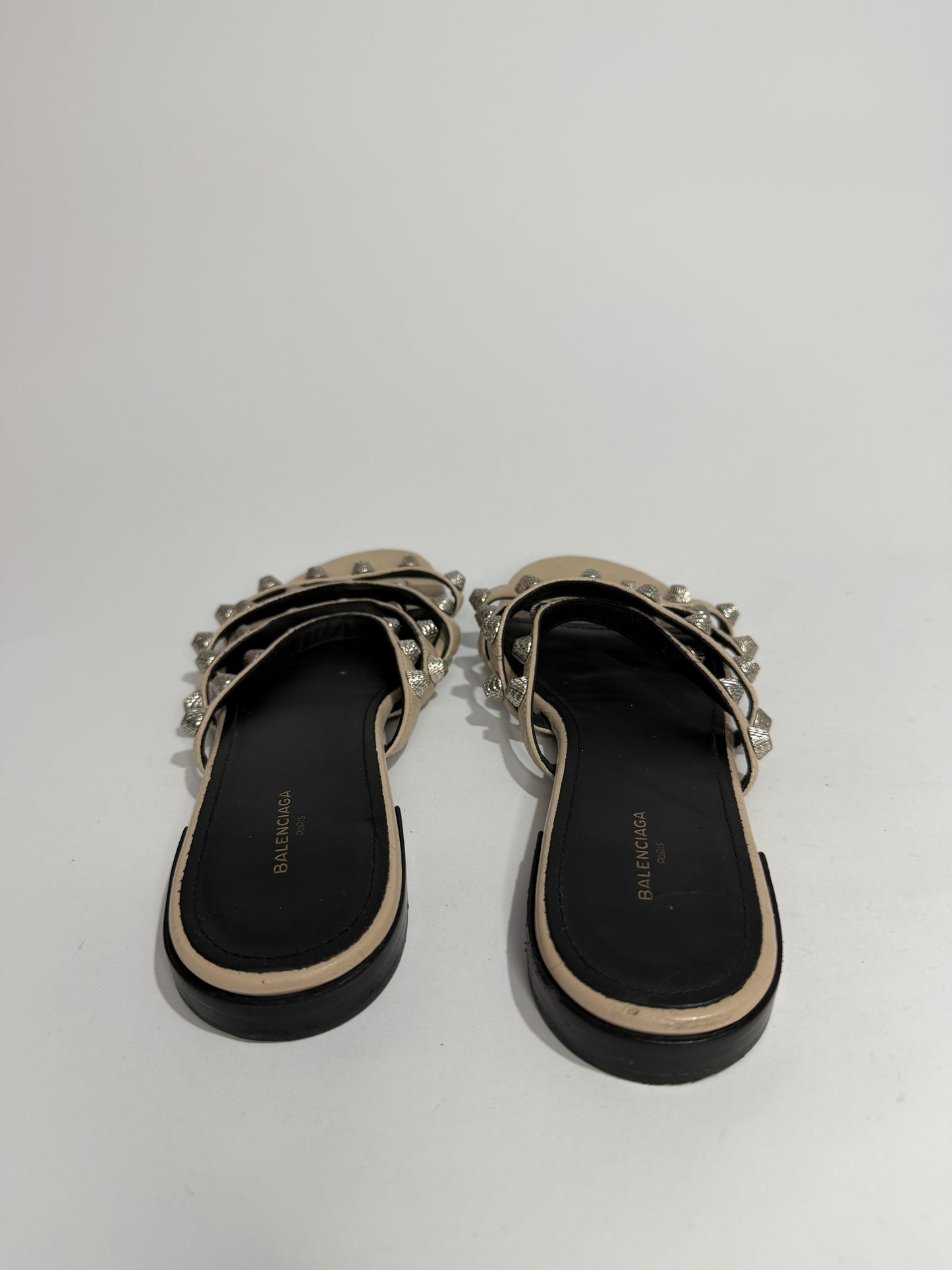 Balenciaga Beige Leather Arena Giant Studded Flat Slides Size 36