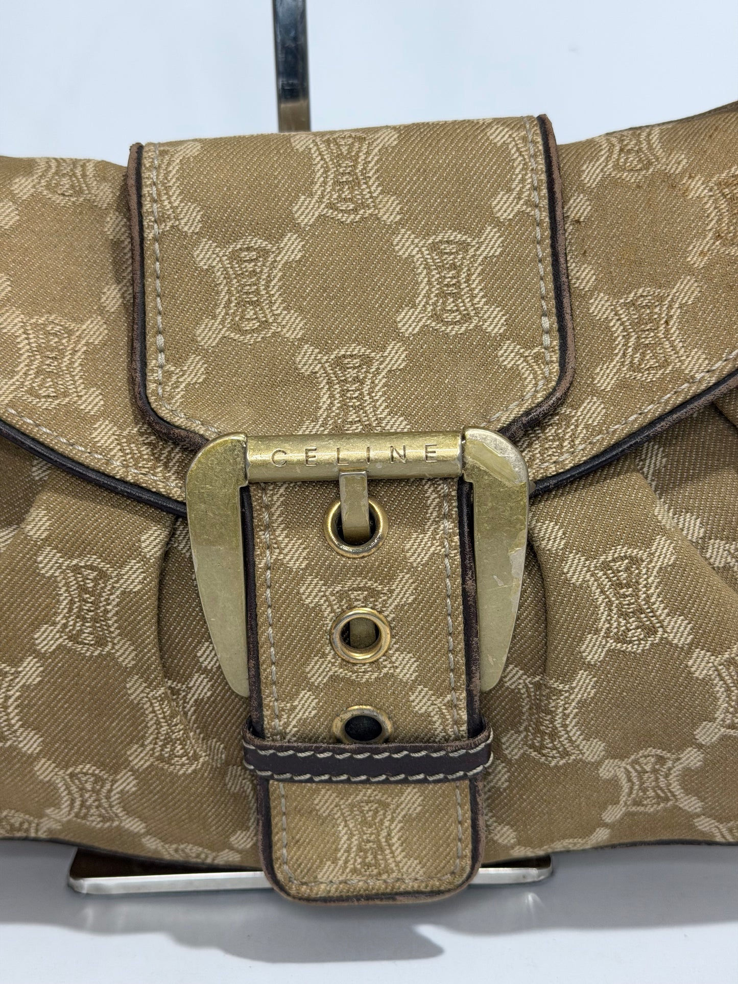 Celine Beige Macadam Canvas and Leather Shoulder Bag