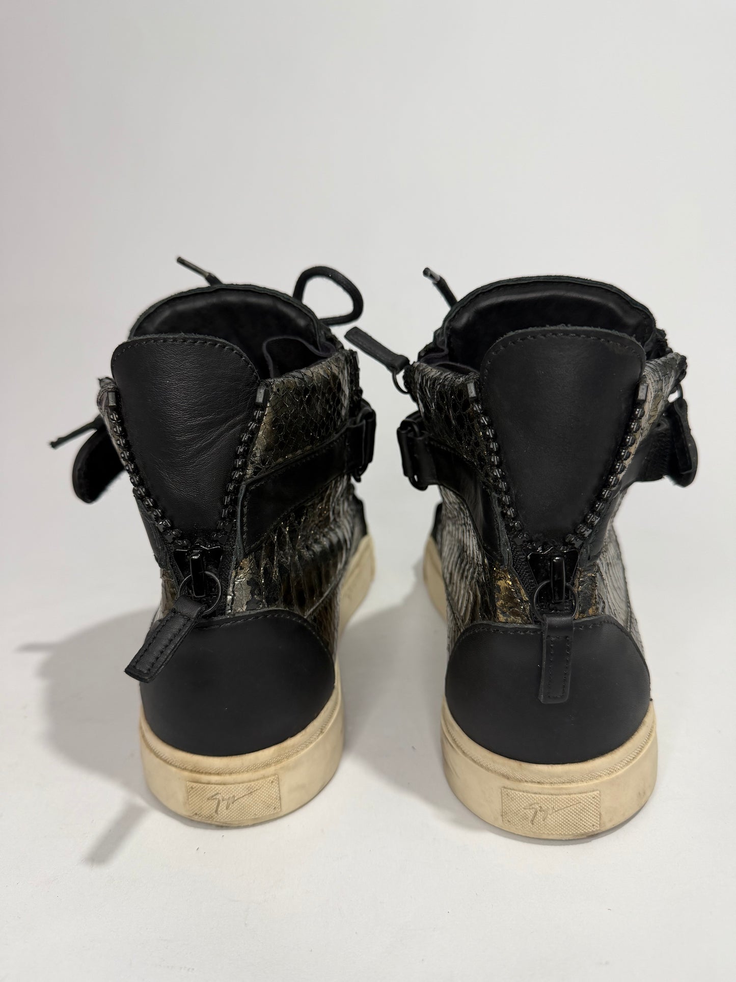 Giuseppe Zanotti Black/Gold Python Embossed Leather Double Zip High Top Sneakers Size 43 EU