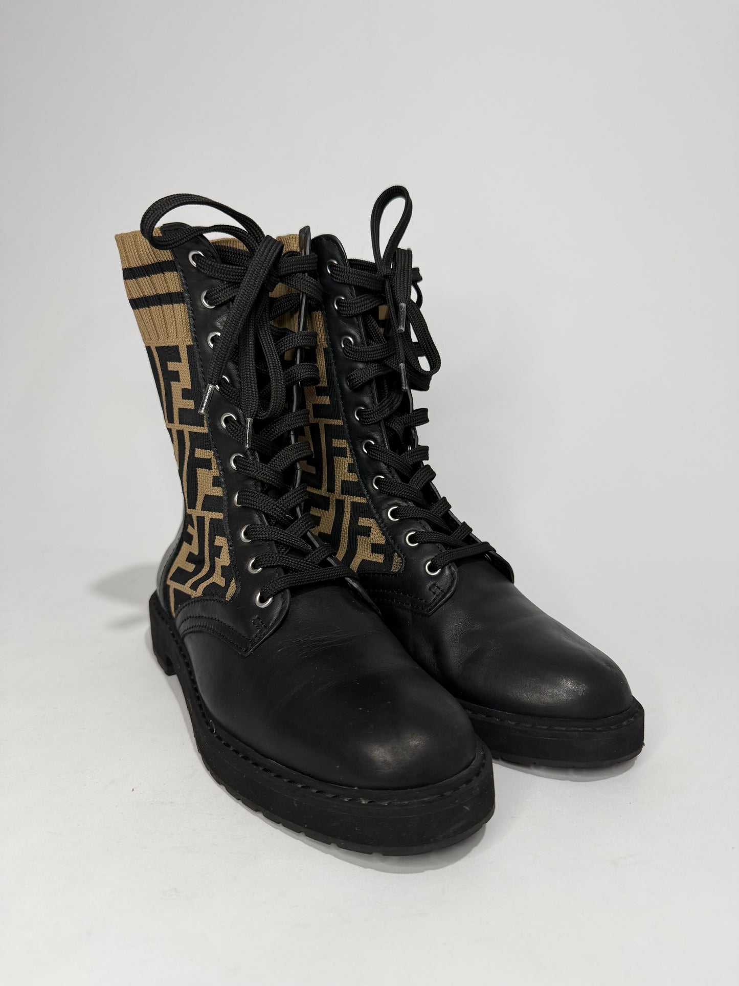 Fendi Black Canvas and Leather Rockoko Ankle Length Boots Size 37 EU
