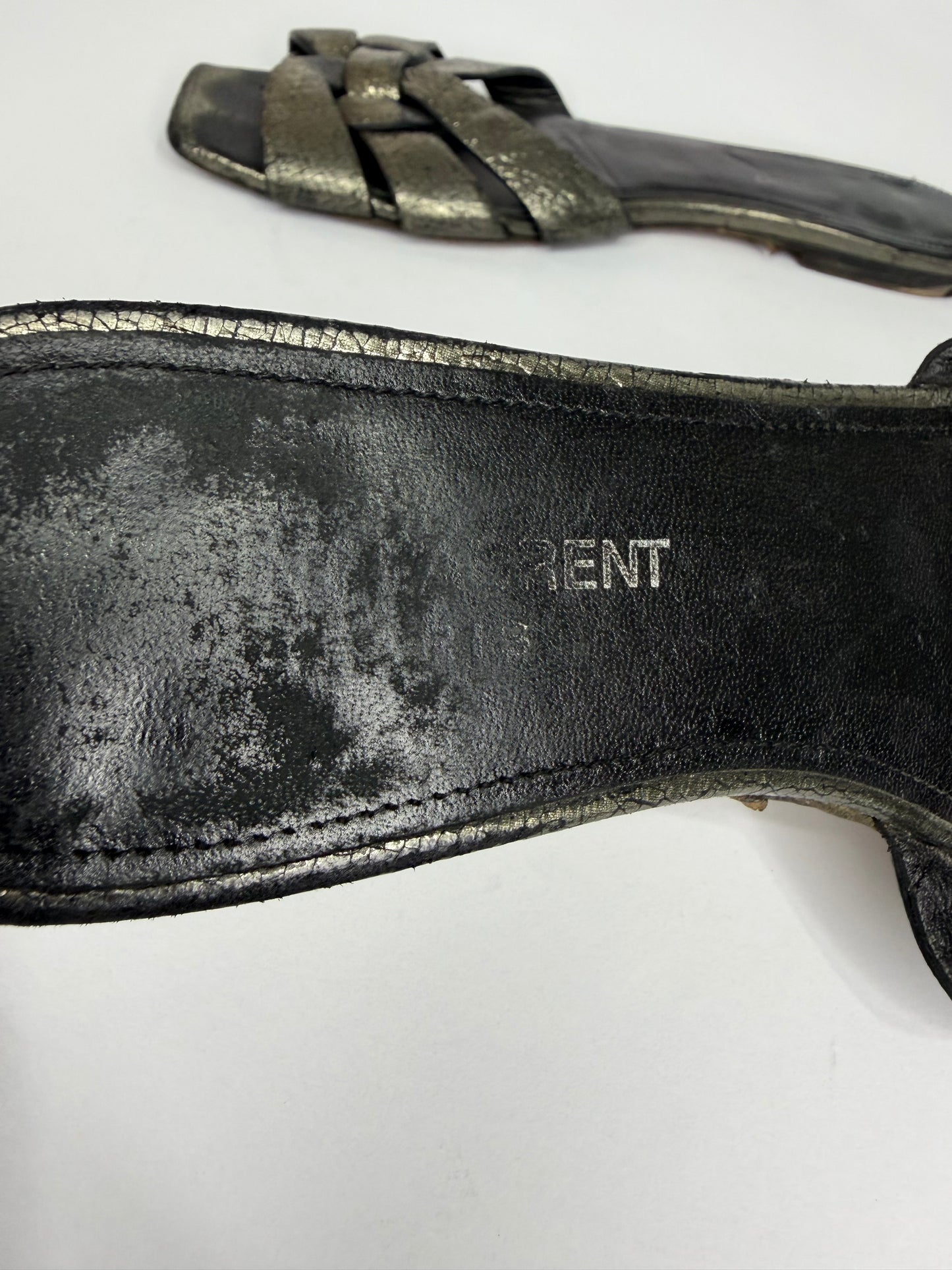 Saint Laurent Paris Silver Leather Tribute Flat Sandals Size 38.5 EU/ 8.5 US / 5.5 UK