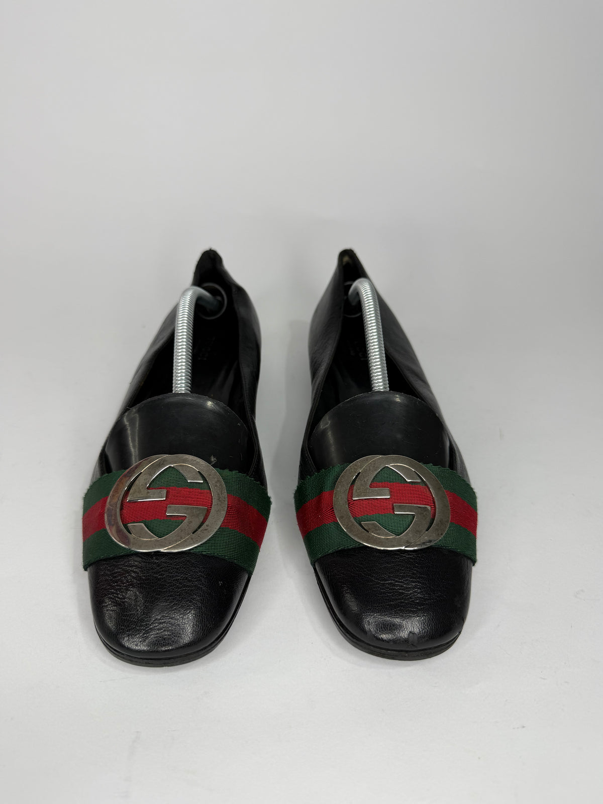 Gucci Black Leather GG Web Stripe Flats Loafers Made in Italy Size 38C