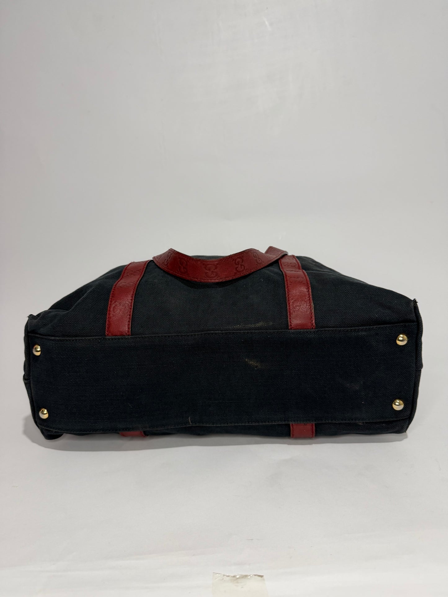 Vintage Gucci Canvas Tote Bag with Red GG Embossed Leather Straps