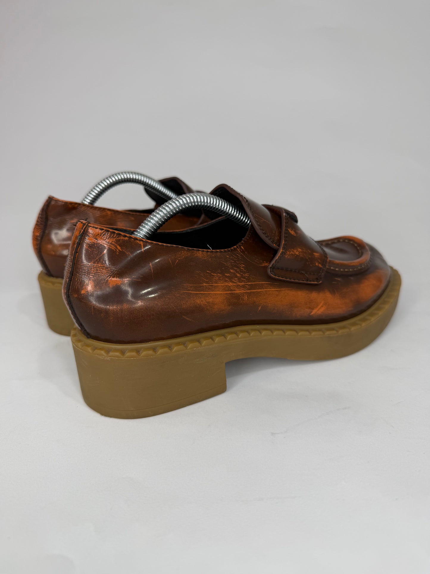 PRADA Vernice Metal Triangle Logo 50mm Loafers Size 37 EU/7 US/ 4 UK