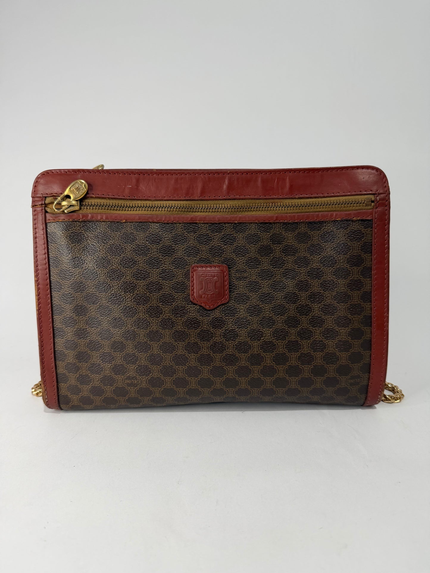 Celine Vintage Macadam Chain Clutch / Crossbody Bag Brown PVC & Leather