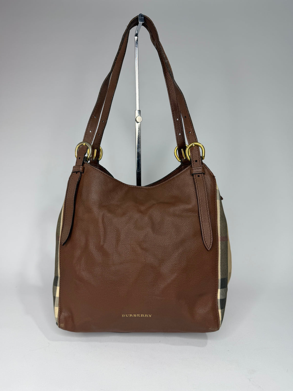 BURBERRY
Brown Leather And House Check Canvas Small Canterbury Tote Bag