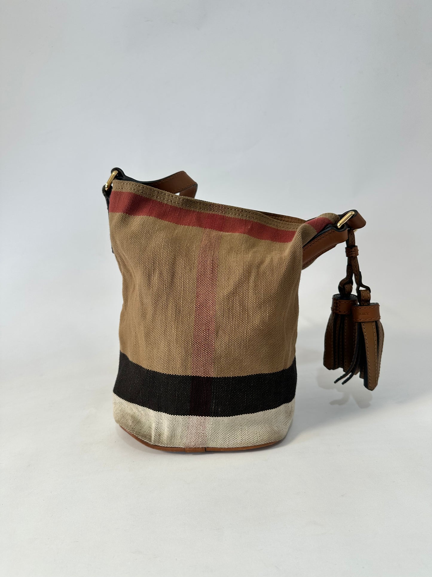 BURBERRY Canvas Mega Check Mini Ashby Tassel Crossbody Brown