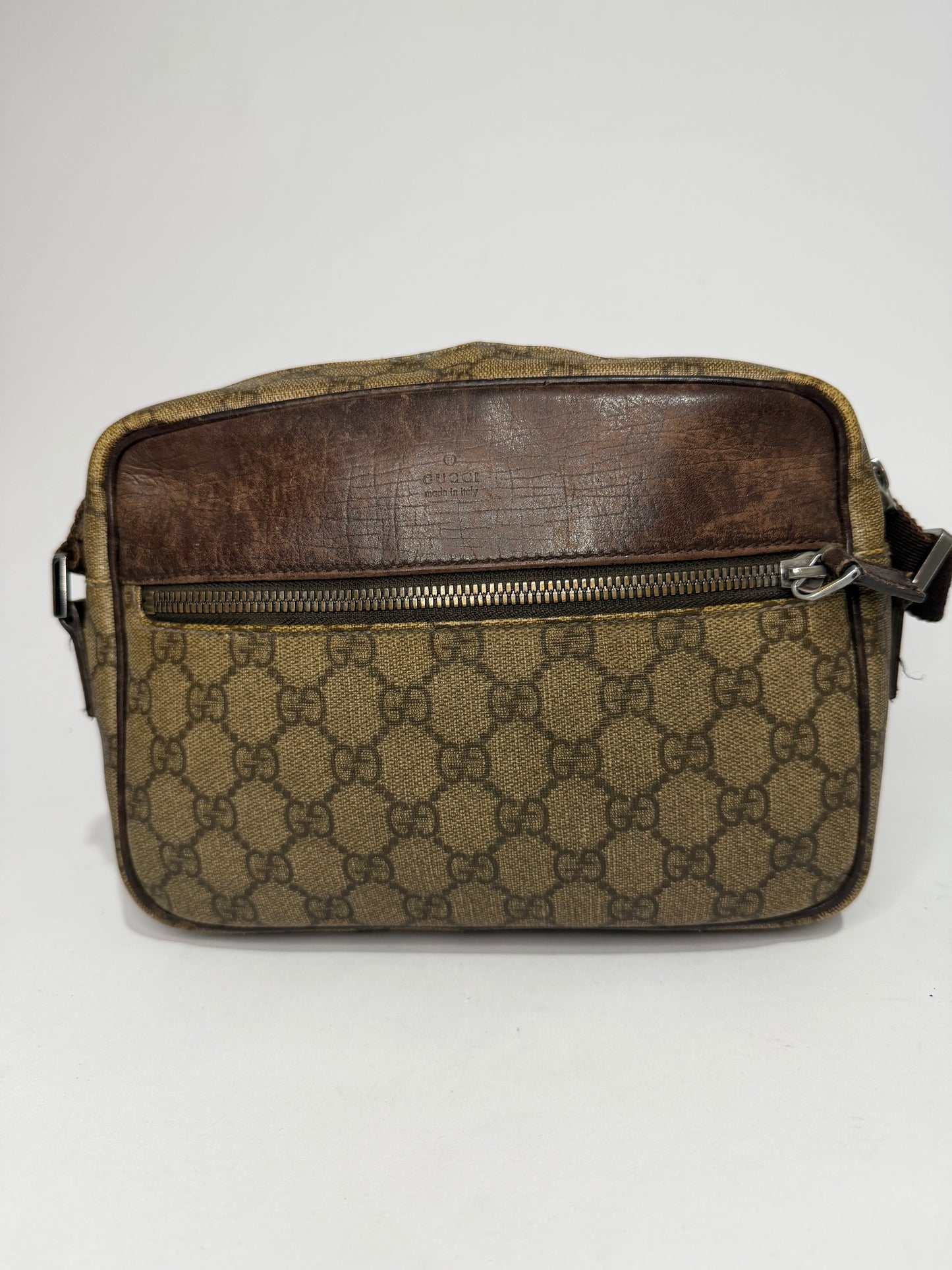 Vintage Gucci GG Supreme Monogram Crossbody Shoulder Bag Brown PVC Leather Trim