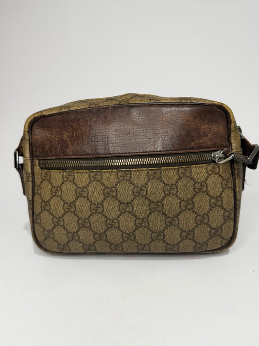 Vintage Gucci GG Supreme Monogram Crossbody Shoulder Bag Brown PVC Leather Trim
