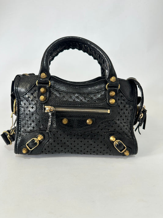 Balenciaga Black Perforated Leather Mini RH Classic City Tote