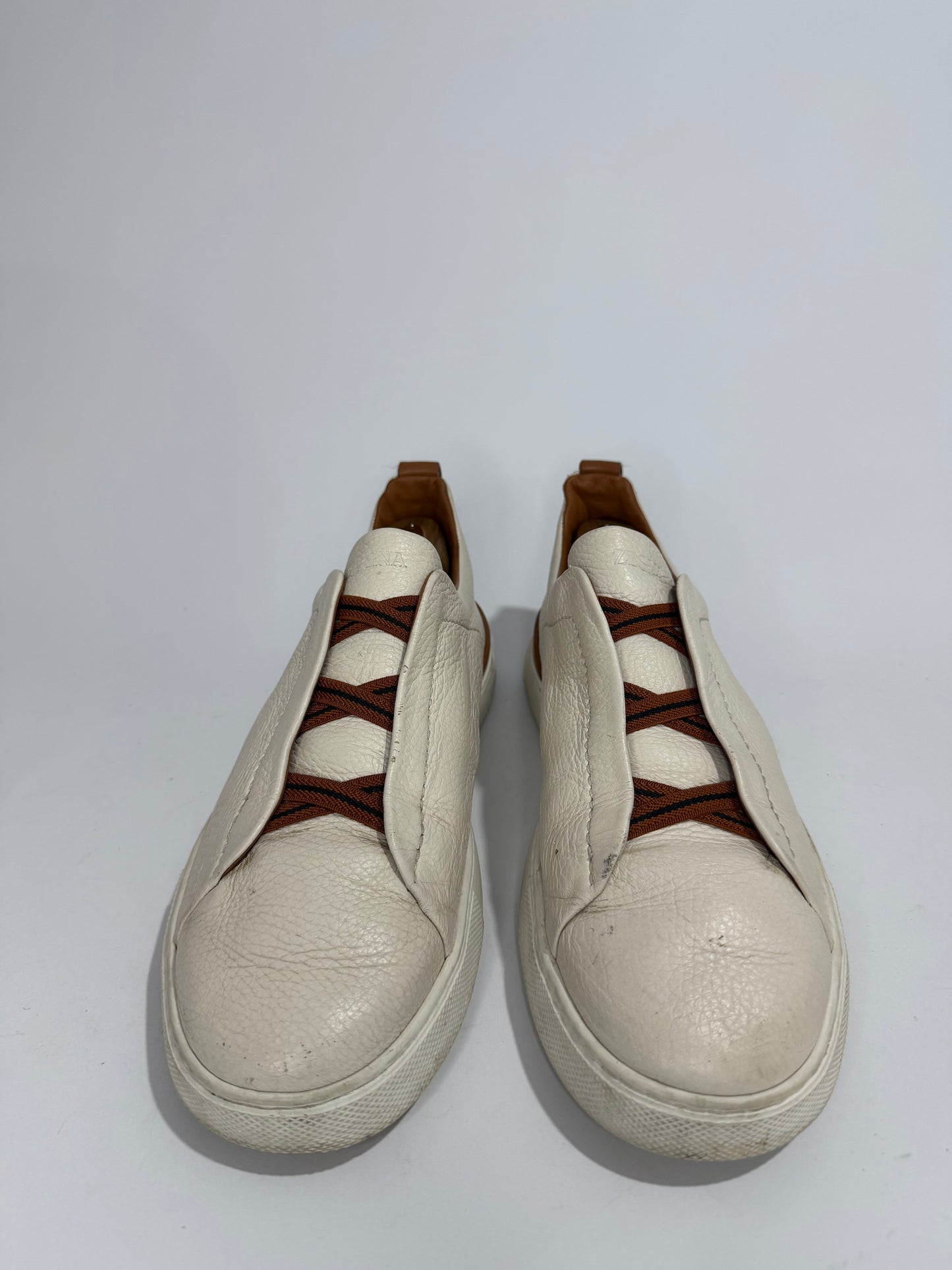 Ermenegildo Zegna Cream Leather triple stitch Slip On Sneakers Size 8.5 UK/ 9.5US