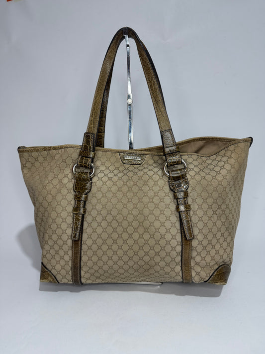 Celine Beige/Brown Macadam Canvas And Croc Embossed Tote