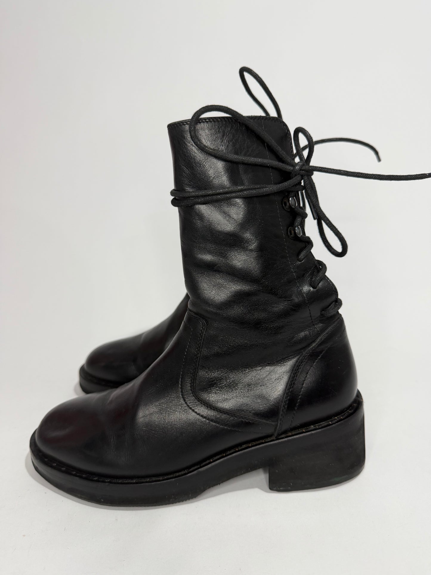 Ann Demeulemeester Black Leather Lace-Up Ankle Boots Size 36 IT/ 6 US