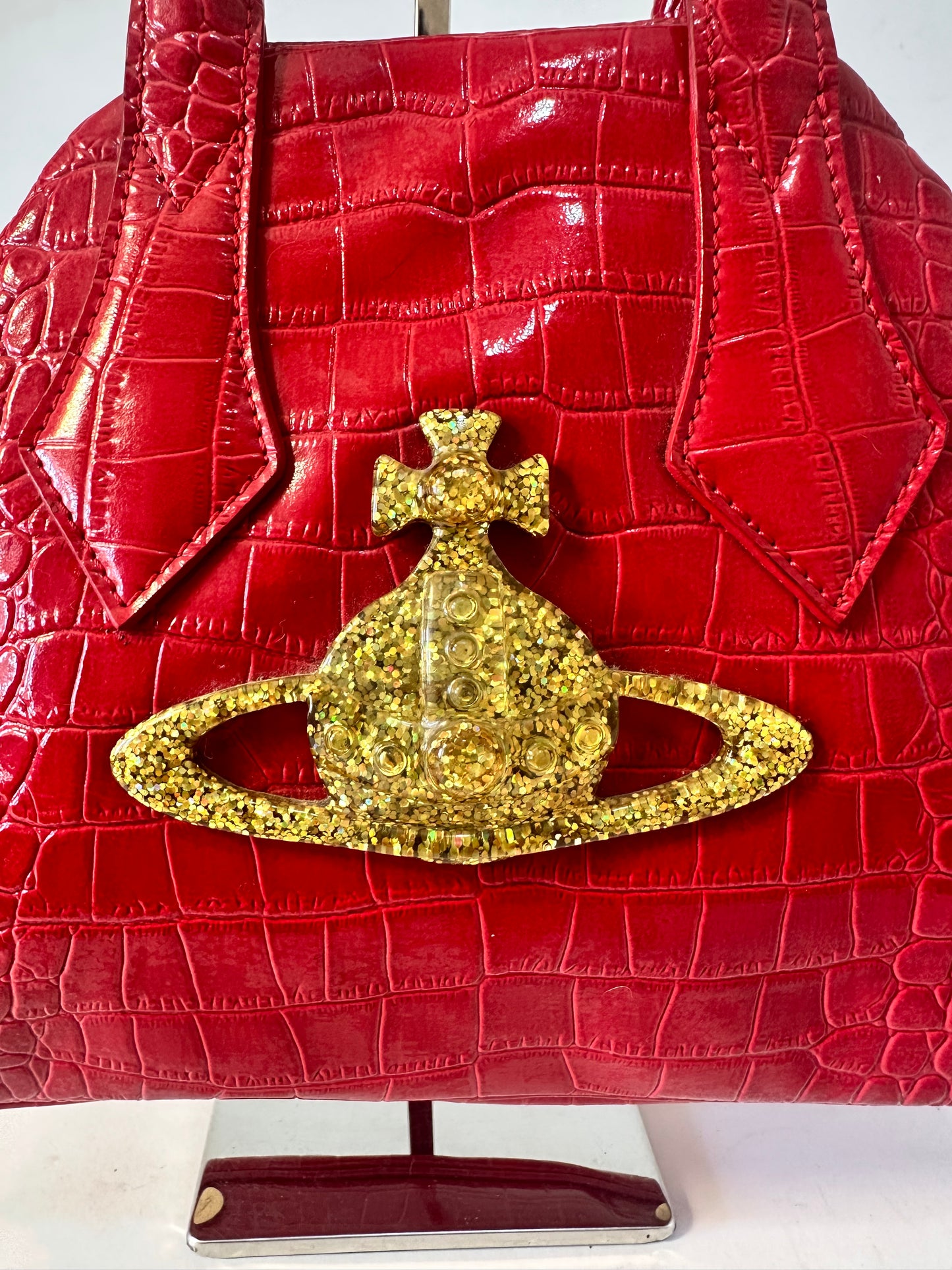 Vivienne Westwood Red Croc-Embossed Bowler Bag w/ Oversized Gold Glitter Orb Logo