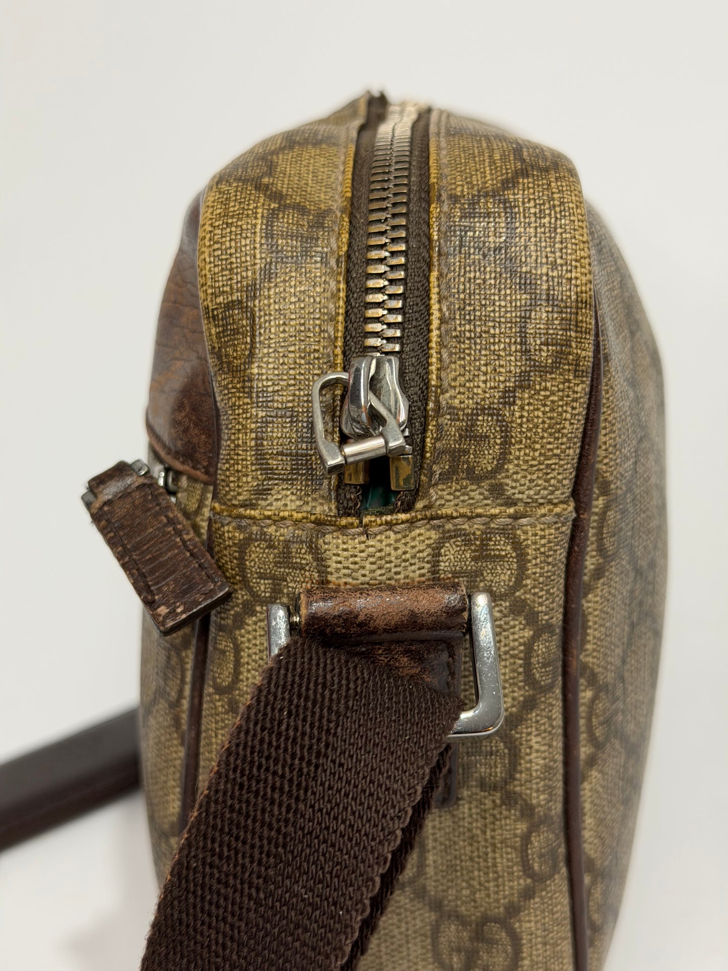 Vintage Gucci GG Supreme Monogram Crossbody Shoulder Bag Brown PVC Leather Trim