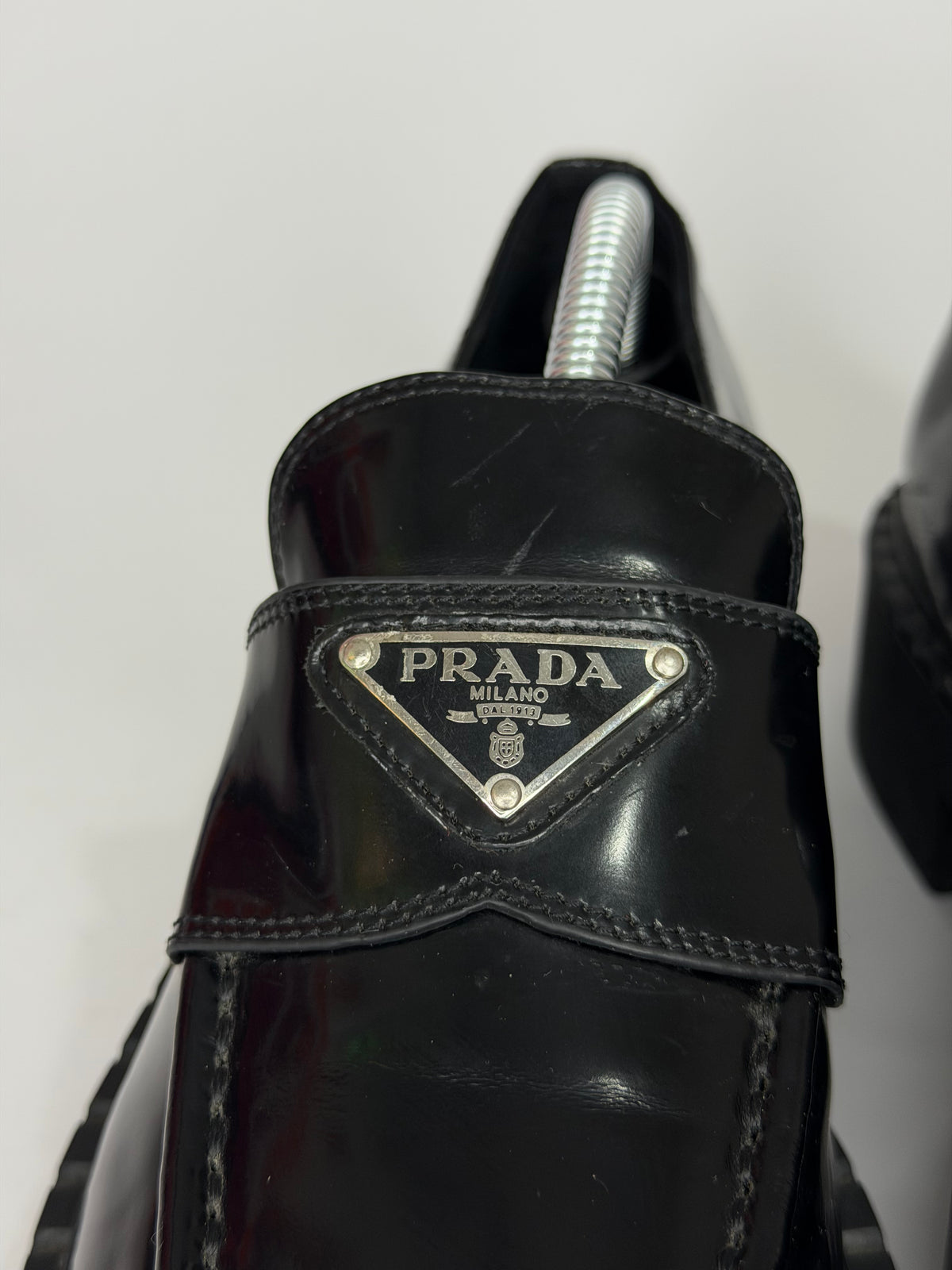 PRADA Vernice Metal Triangle Logo 50mm Loafers Size 37 EU/7 US/ 4 UK