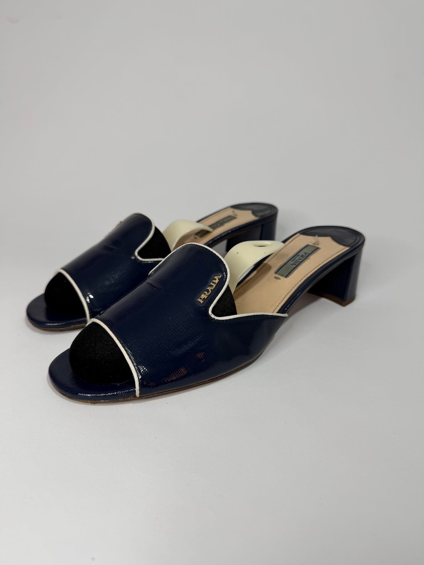 Prada Navy Blue Vernice Saffiano Leather Slide Sandals Size 40.5EU/ 10.5 US/ 7.5 UK