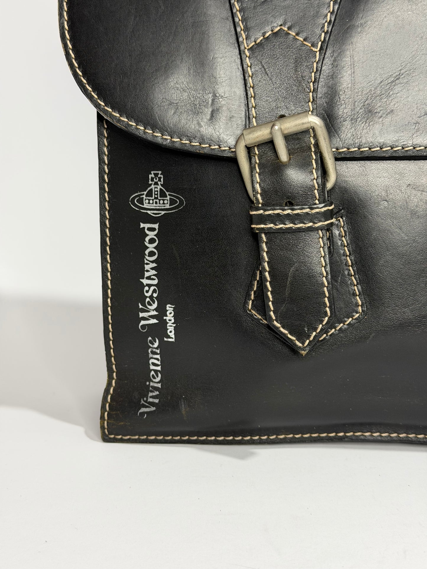 Vivienne Westwood Black Leather Briefcase Satchel Vintage Logo Business Bag