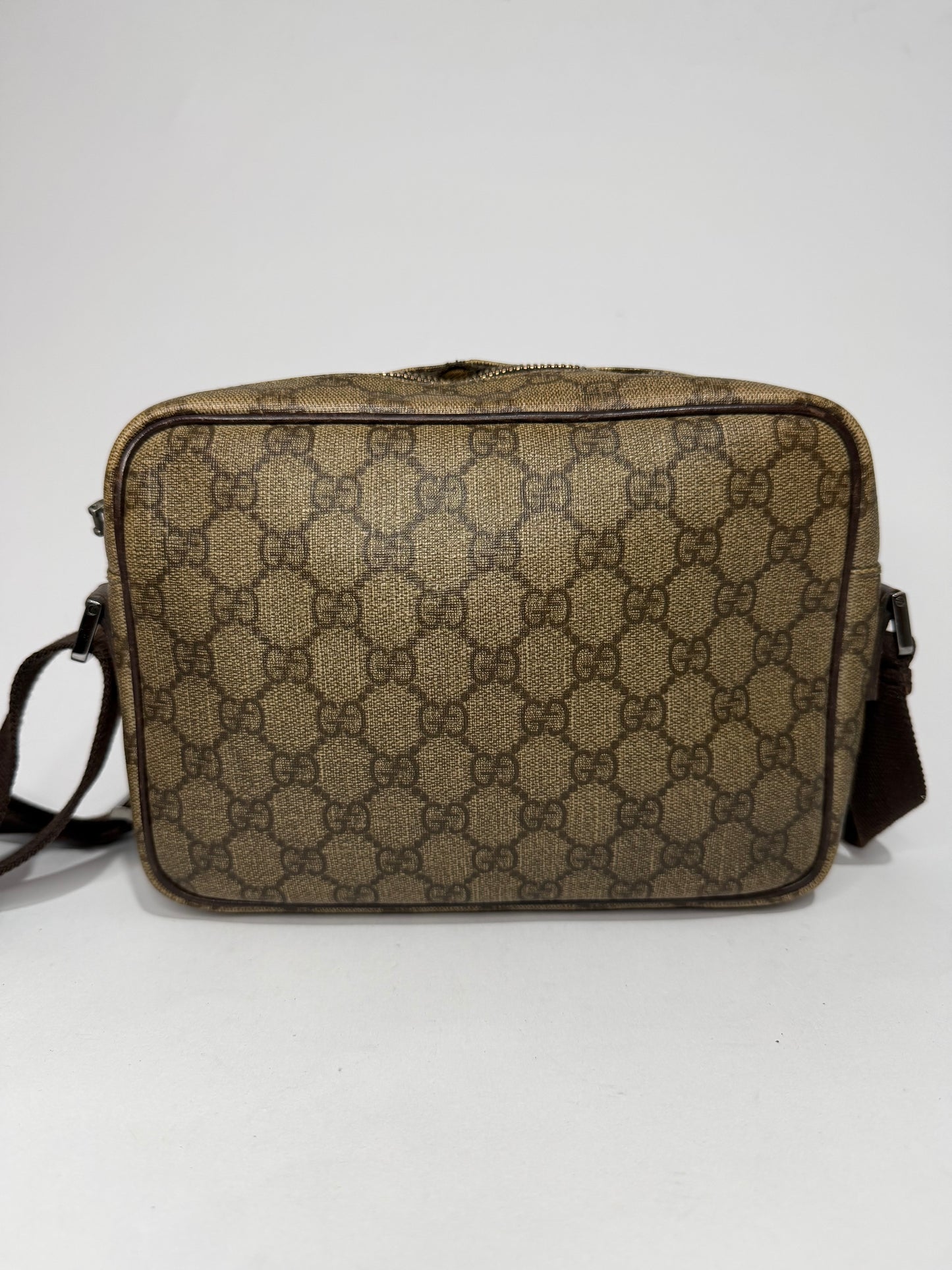 Vintage Gucci GG Supreme Monogram Crossbody Shoulder Bag Brown PVC Leather Trim
