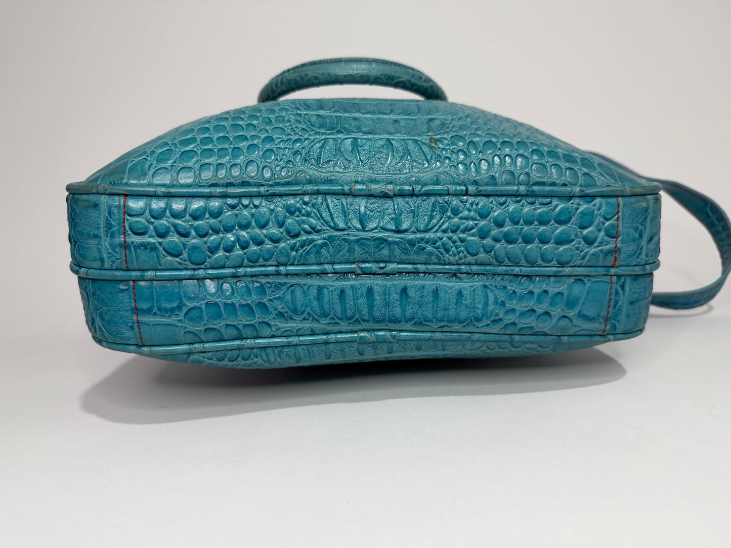 Vivienne Westwood Croc-Embossed Leather Top Handle Bag – Teal Blue Orb Logo Satchel w/ Strap