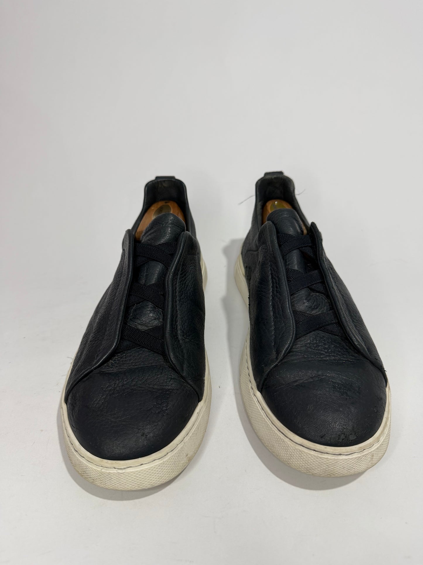 Ermenegildo Zegna Navy Leather triple stitch Slip On Sneakers Size 8 UK/ 9 US