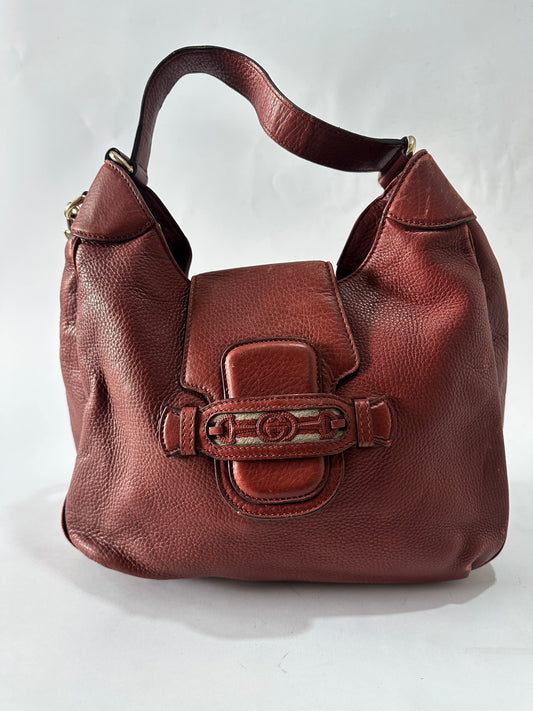 GUCCI 
Calfskin Web Medium Dressage Hobo Red