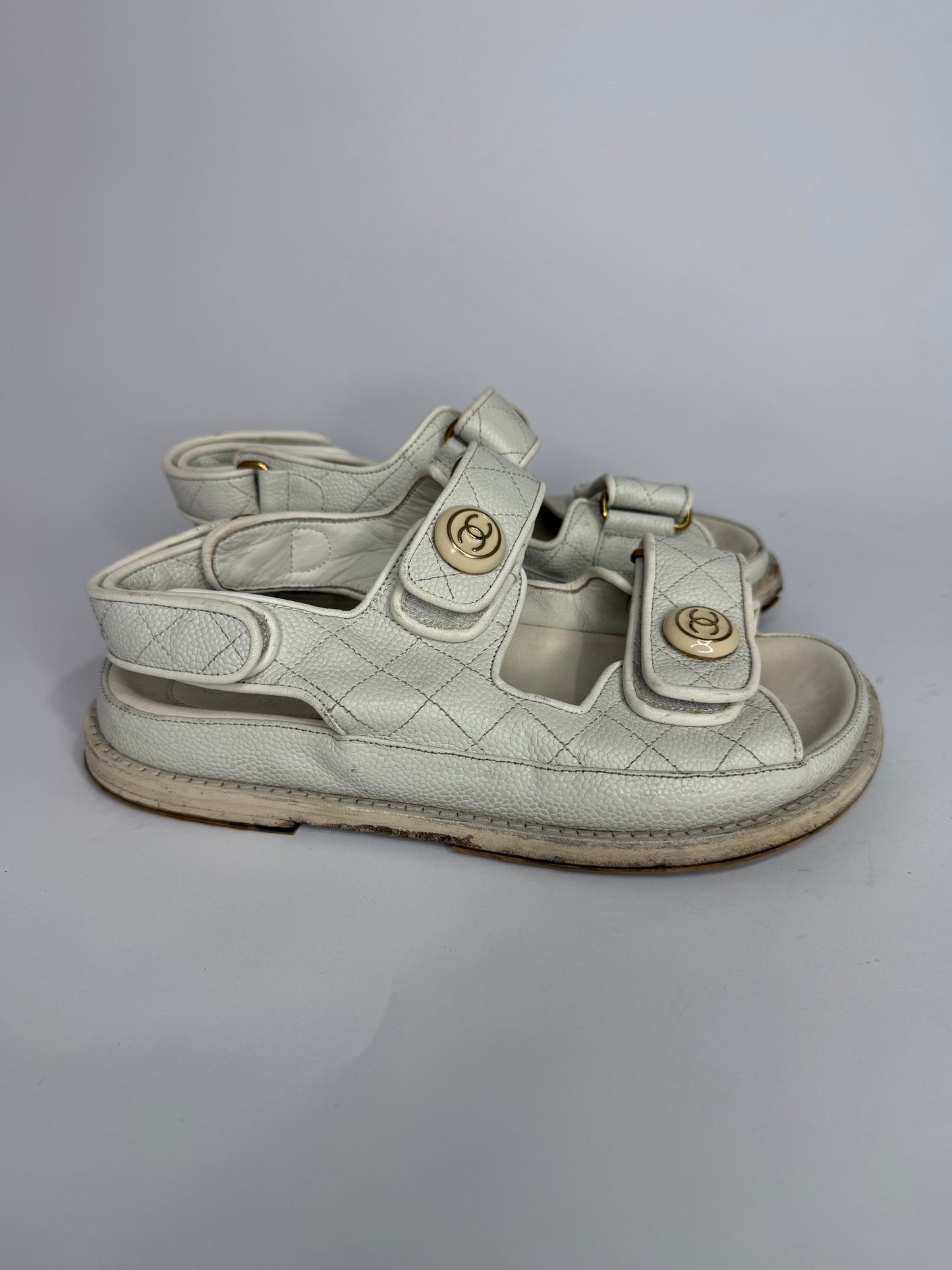 Chanel White Quilted Leather Dad CC Velcro Strap Flat Sandals Size 36