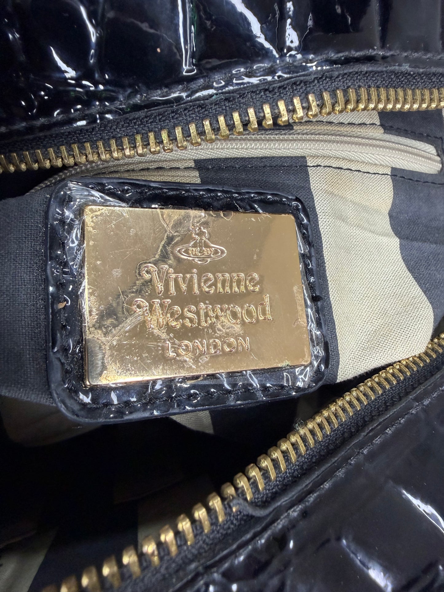 Vivienne Westwood Black Patent Croc-Embossed Orb Appliqué Handbag