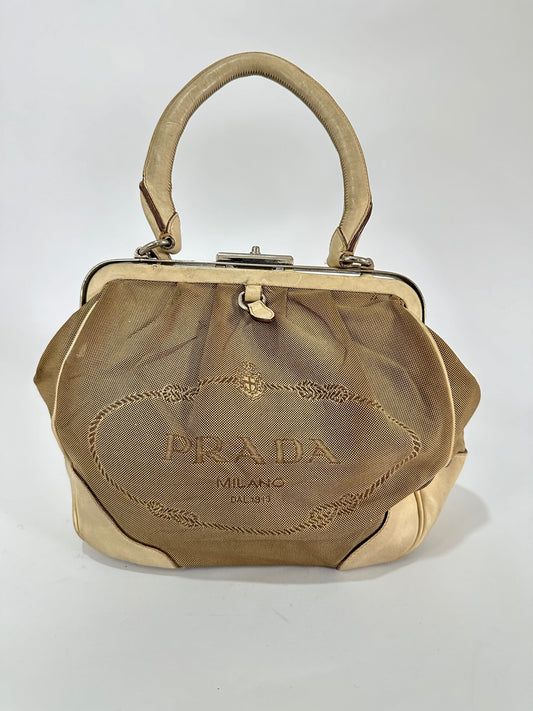 Prada Creame Canapa Logo Frame Handbag Beige