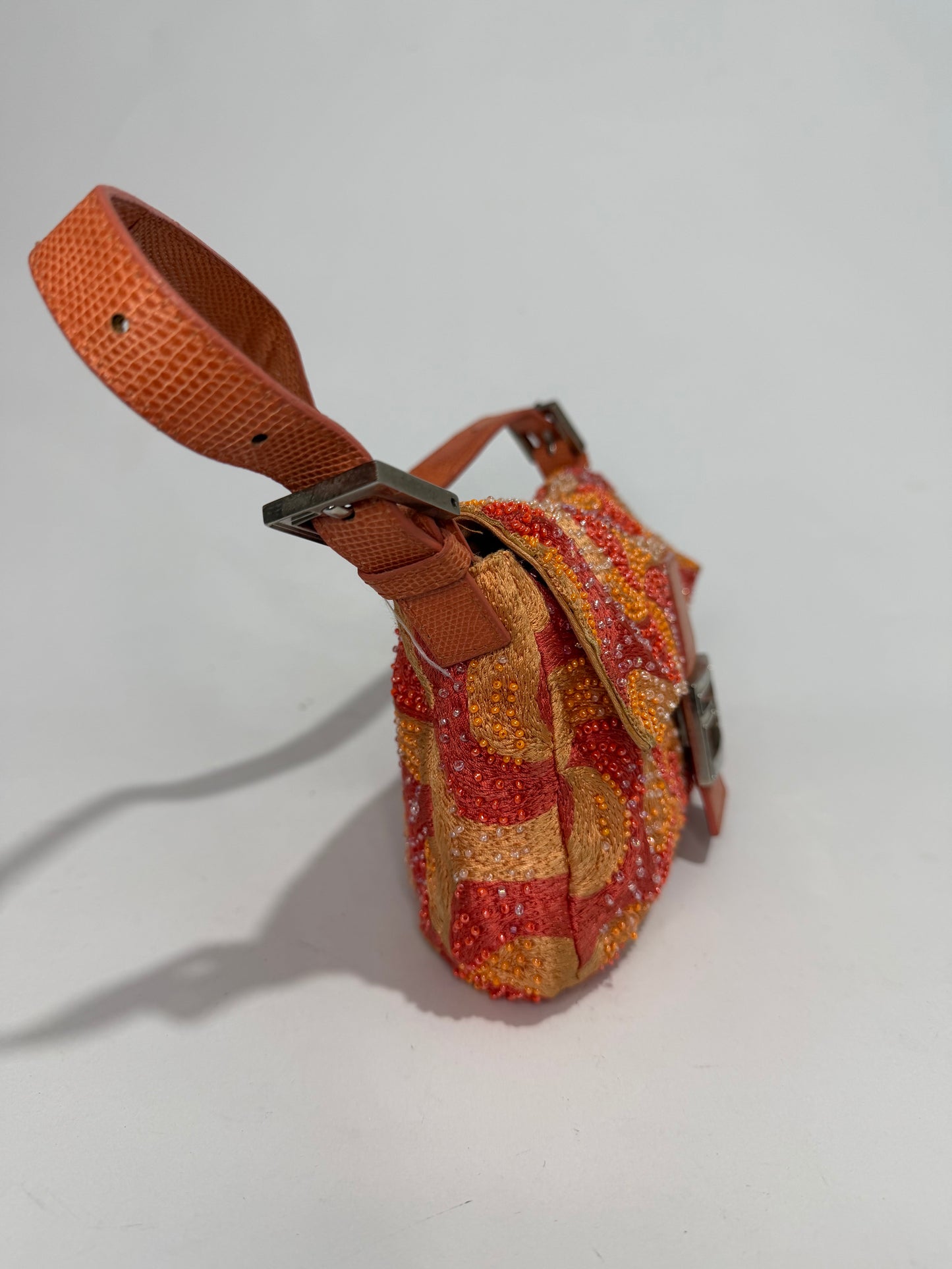 FENDI BEADED SWIRL SHOULDER BAGUETTE BAG IN ORANGE