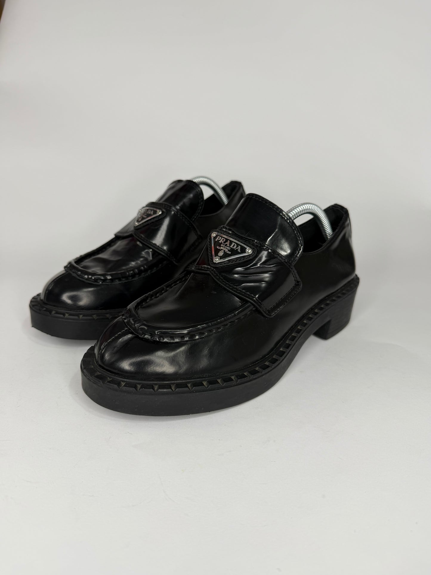 PRADA Vernice Metal Triangle Logo 50mm Loafers Size 37 EU/7 US/ 4 UK
