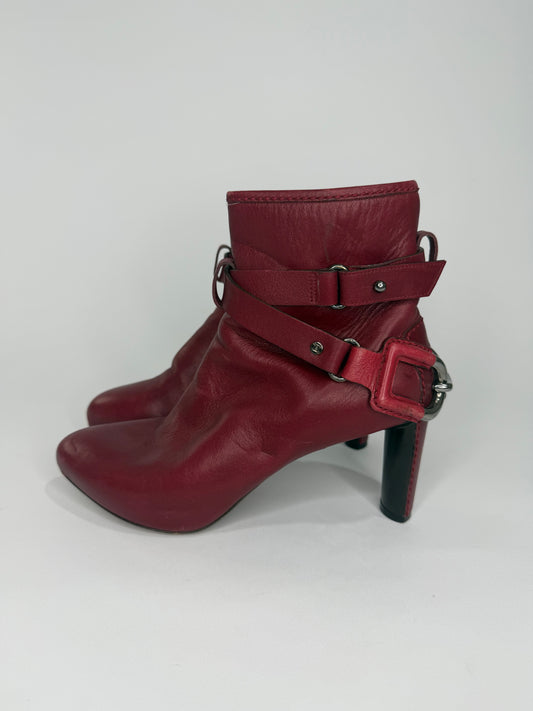 Celine Burgundy Leather Buckle Ankle Boots  Silver Hardware Size 38 EU/ 8 US / 5 UK