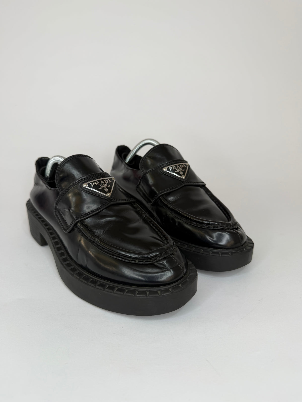 PRADA Vernice Metal Triangle Logo 50mm Loafers Size 37 EU/7 US/ 4 UK