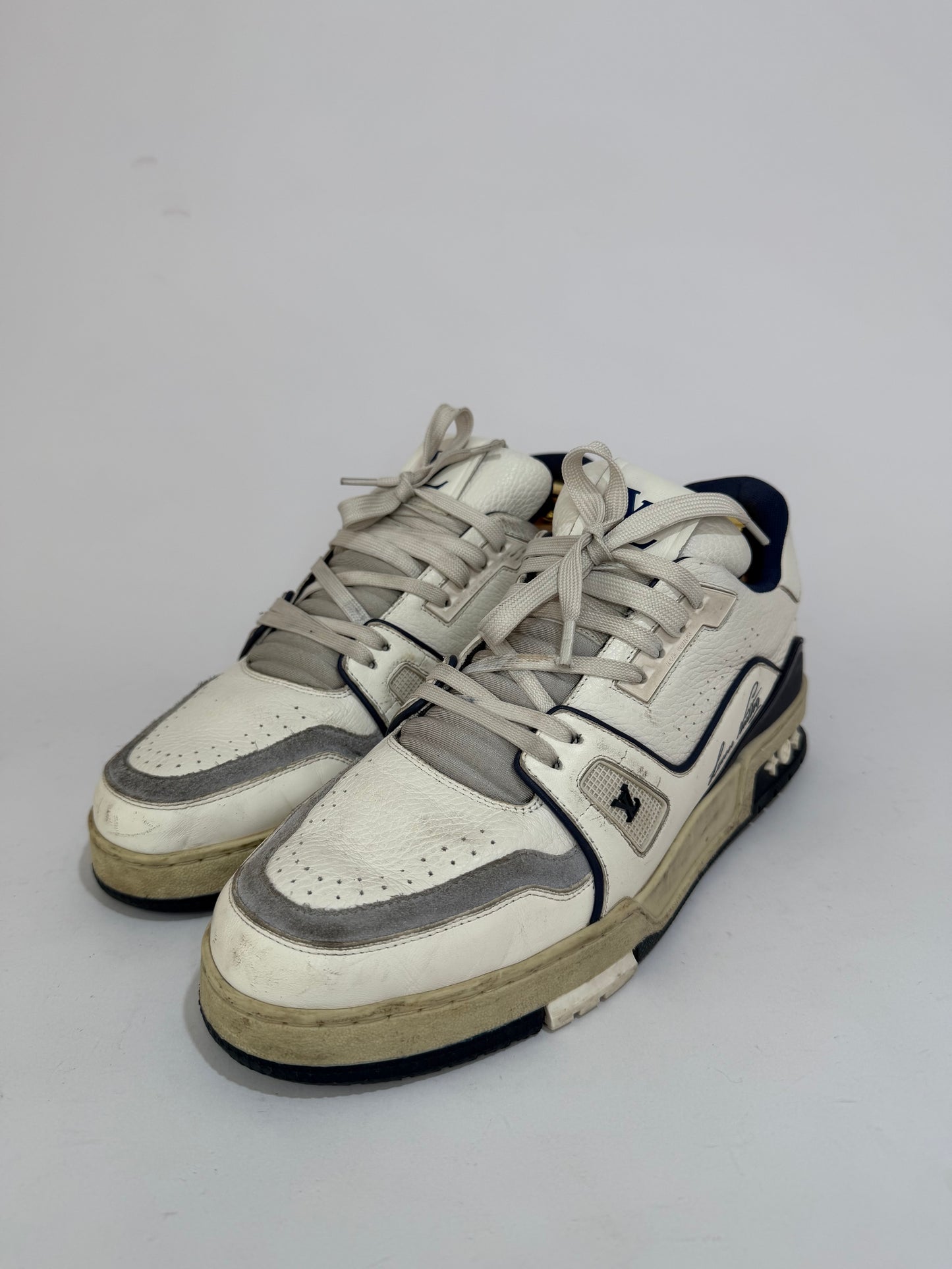 Louis Vuitton White/Blue Leather and Suede LV Trainer Sneakers Size 8.5 UK/ 9.5 US