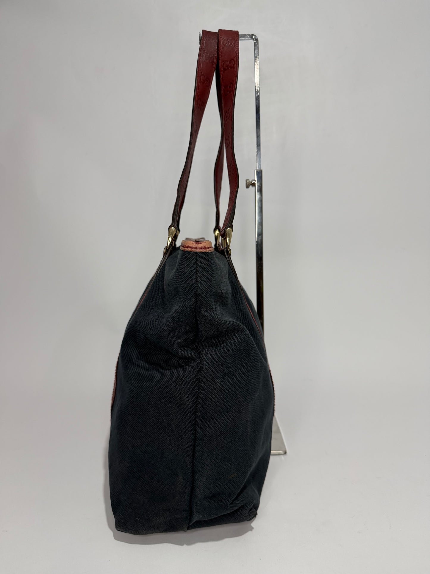 Vintage Gucci Canvas Tote Bag with Red GG Embossed Leather Straps