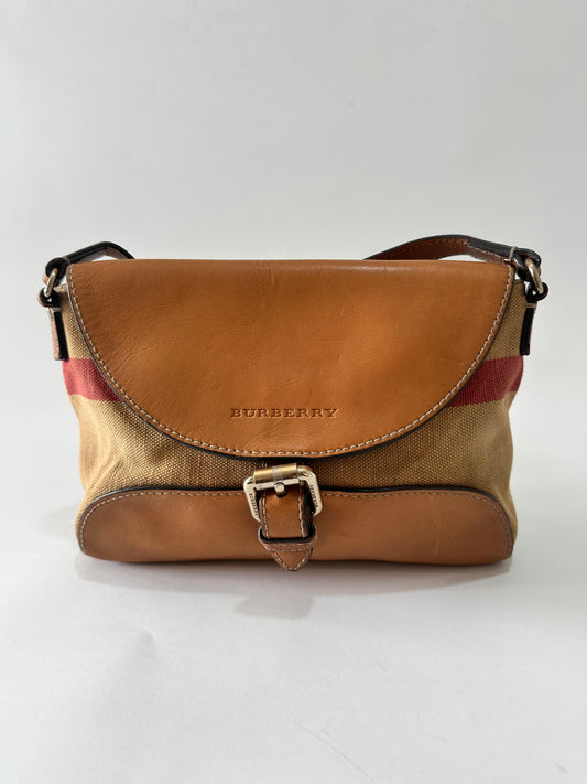 BURBERRY  Mega Check Grainy Calfskin Small Gowan Messenger Bag Brown