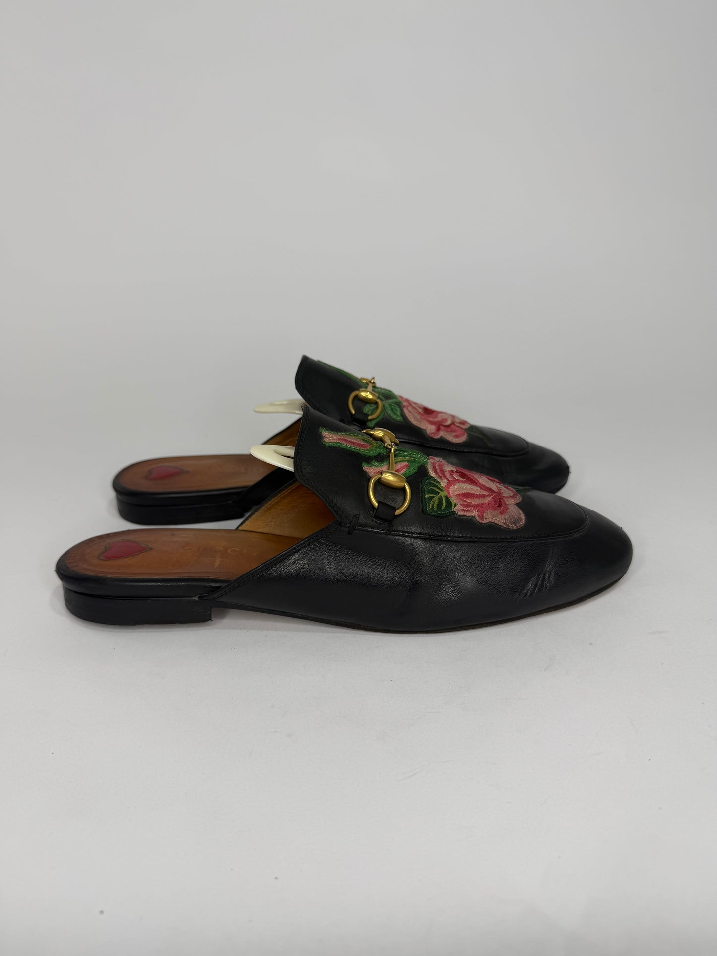 Gucci Black Leather Rose Embroidered Princetown Horsebit Flat Mules Size 39 EU/ 9 US / 6 UK